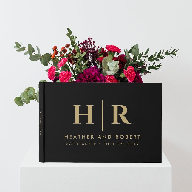 Livro De Visitas Monograma Simples Clássico Mínimo Dourado Preto (Criador carregado)