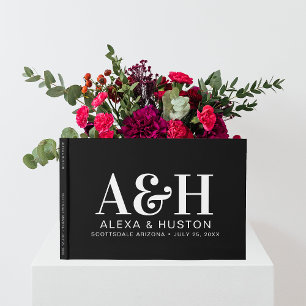 Livro De Visitas Monograma sofisticado de Casamento Preto e Branco