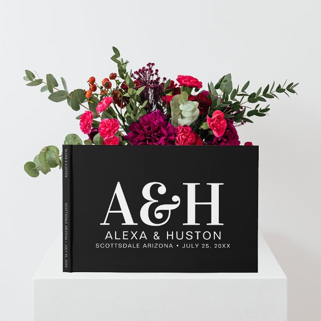 Livro De Visitas Monograma sofisticado de Casamento Preto e Branco (Criador carregado)