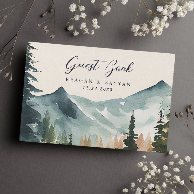 Livro De Visitas Montanhas de Aquarela e Pinos Casamento Rústico (Criador carregado)