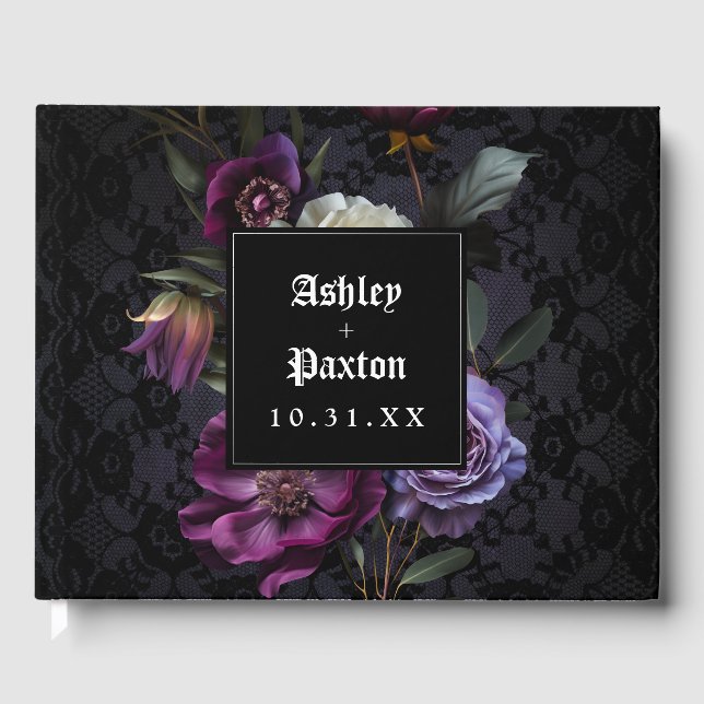 Livro De Visitas Moody Gótica Buquê Floral Roxo em Preto (Frente)