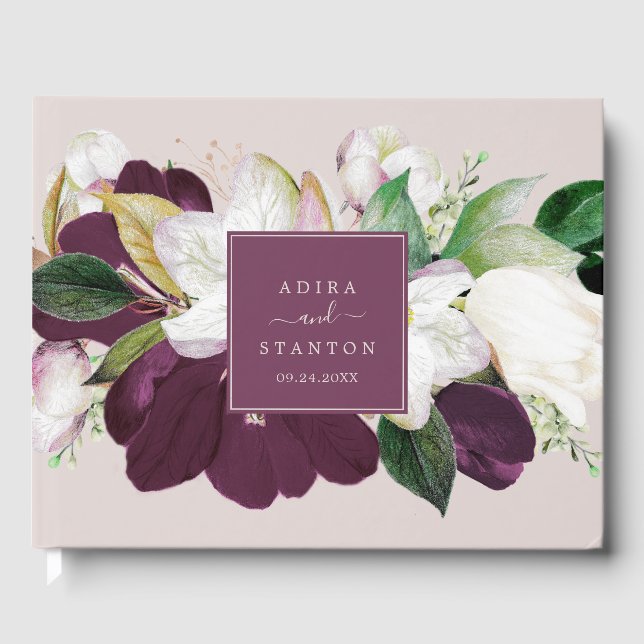 Livro De Visitas Moody Purple Blooms | Casamento Blush & Berry (Frente)