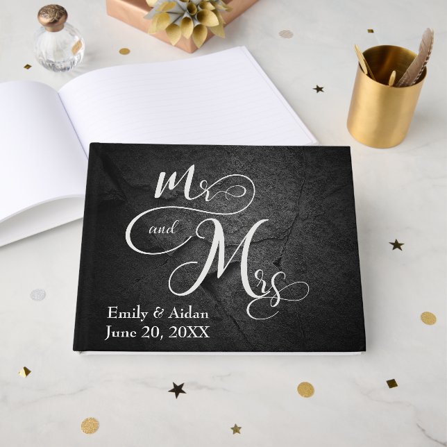 Livro De Visitas Mr. & Mrs. Wedding Black Slate Stone  (Frente aberta)
