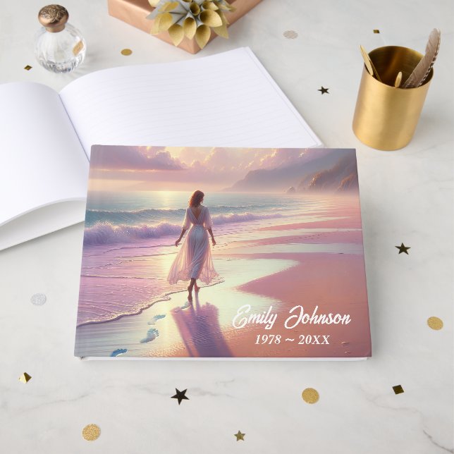 Livro De Visitas Mulher Deixando Pegadas em uma Praia (Frente aberta)