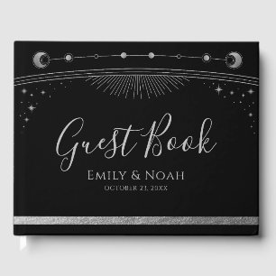Livro De Visitas Mystical Black Silver Sun Moon Stars Casamento