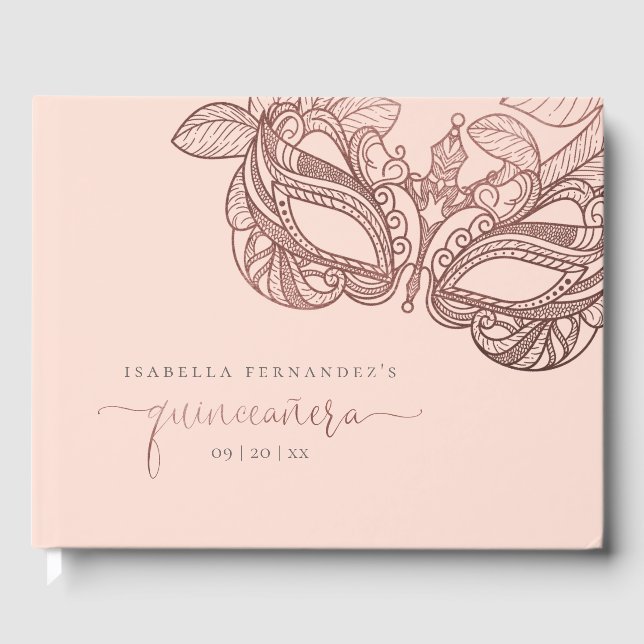Livro De Visitas Na moda Blush e Rosa Dourada Mascarada Quinceañera (Frente)