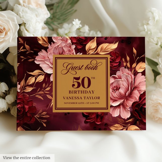 Livro De Visitas Na moda Merlot Blush Dourado Floral 50º Aniversári (Stylish Merlot Blush Gold Floral 50th Birthday Guest Book)