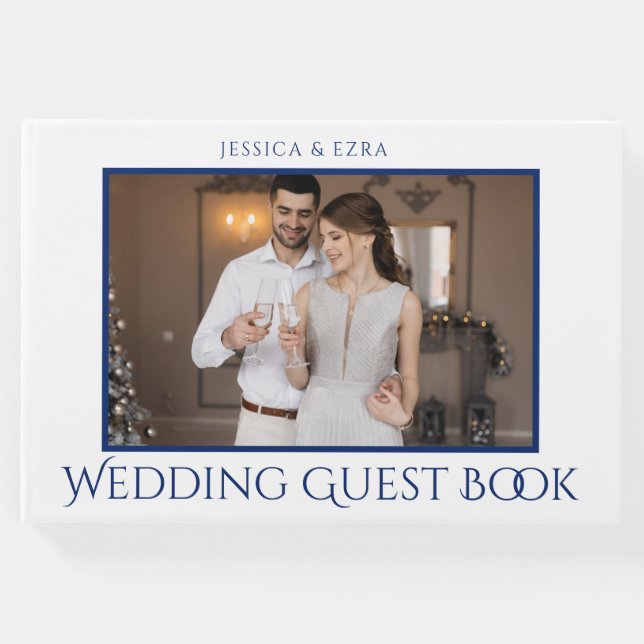 Livro De Visitas Na moda Script branco e azul | Foto (Frente)