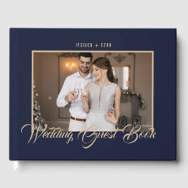 Livro De Visitas Na moda Script Dourado e Azul | Foto