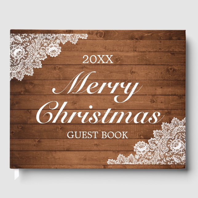 Livro De Visitas Natal Rustic Wood & White Lace Floco de Neve (Frente)