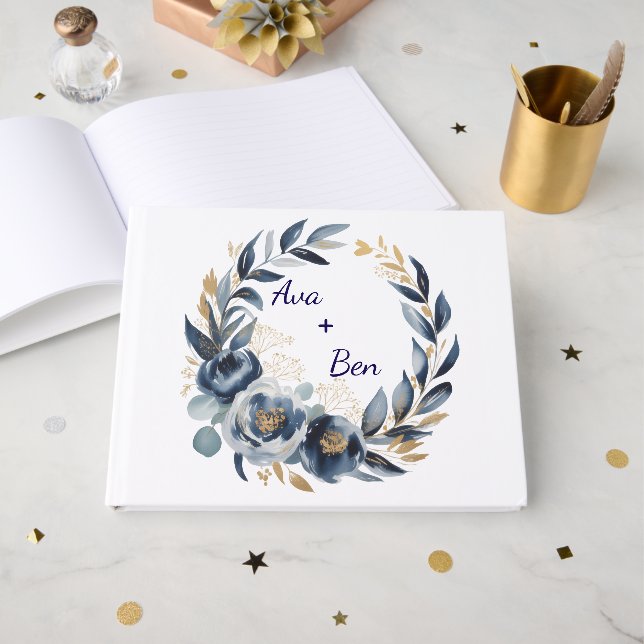 Livro De Visitas Navy Blue and Gold Peony Flower Wedding (Frente aberta)