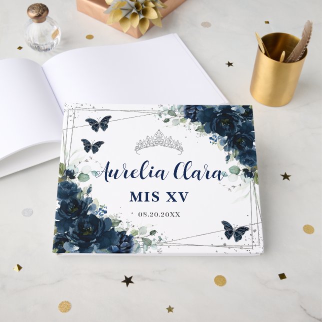 Livro De Visitas Navy Blue Floral Butterflies Silver Quinceanera 15 (Frente aberta)