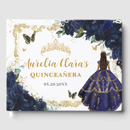 Livro De Visitas Navy Blue Roses Floral Princess Gold Quinceanera