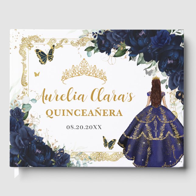 Livro De Visitas Navy Blue Roses Floral Princess Gold Quinceanera  (Frente)