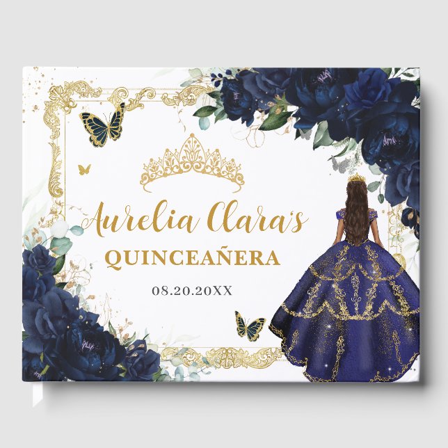 Livro De Visitas Navy Blue Roses Floral Princess Gold Quinceanera (Frente)