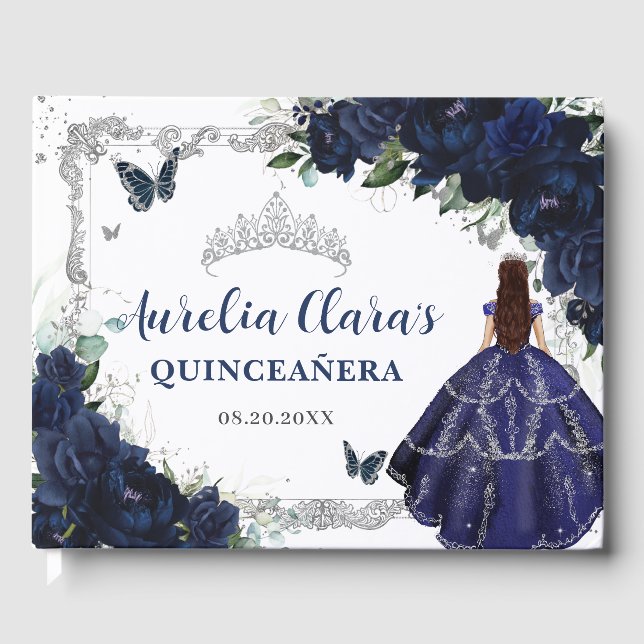 Livro De Visitas Navy Blue Roses Floral Princess Quinceañera 15 16 (Frente)