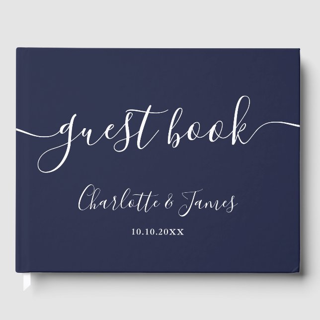 Livro De Visitas Navy Blue Signature Script Photo Wedding (Frente)