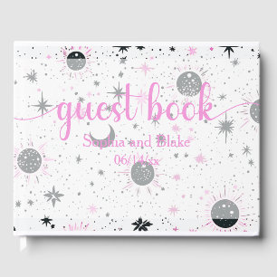 Livro De Visitas Negra e Rosa Celestial Sol Lua Estrelas Casamento