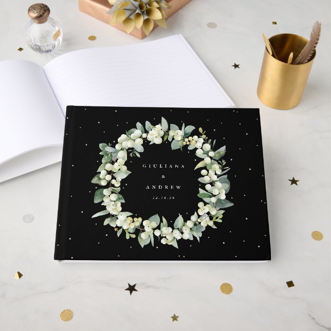 Livro De Visitas Negra Elegante Snowberry+Eucalyptus Wreath Casamen (Frente aberta)