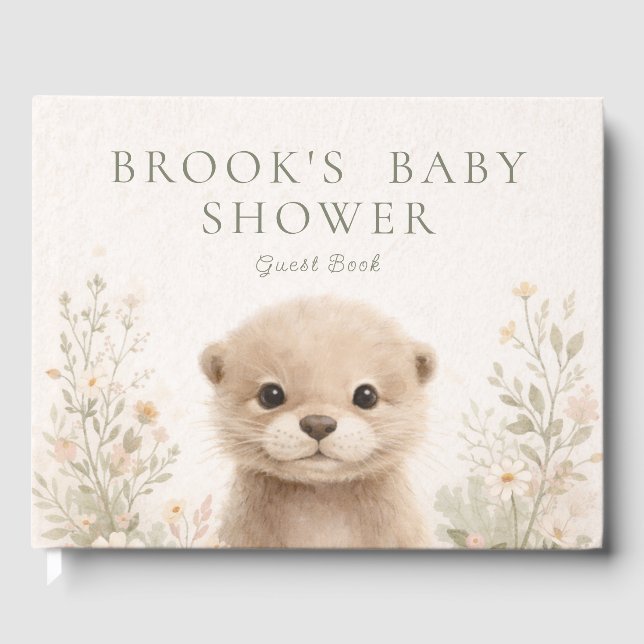 Livro De Visitas Neutral Watercolor Woodland Otter Baby Shower (Frente)