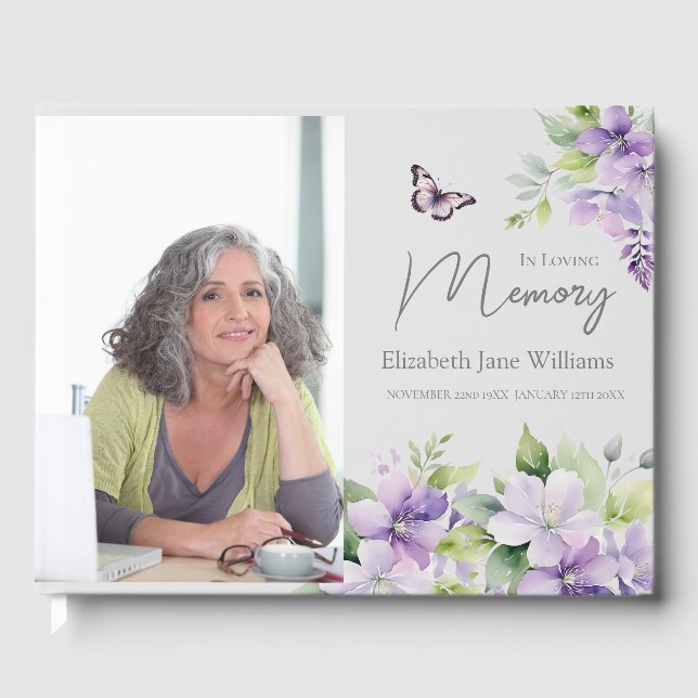 Livro De Visitas No Loving Memory Purple Floral 1 Photo Guest Book (Frente)