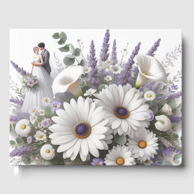 Livro De Visitas Noiva e noiva com margaridas, Lavanda (Frente)