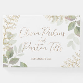 Livro De Visitas Noivado Moderno com Verde e Dourado