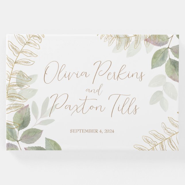 Livro De Visitas Noivado Moderno com Verde e Dourado (Frente)