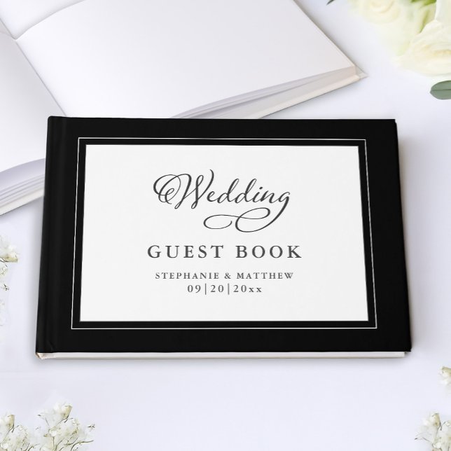 Livro De Visitas Nomes Modernos de Script Elegante Casamento Preto  (Elegant Script Modern Names Wedding Black & White Guest Book)