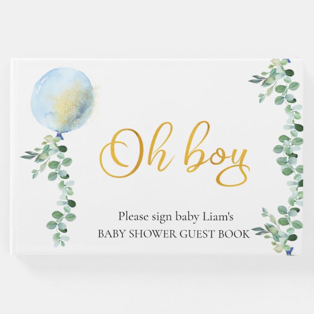 Livro De Visitas Oh Boy Baby Blue Balloon Eucalyptus chá de fraldas (Frente)