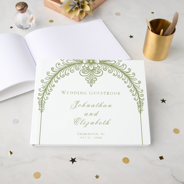 Livro De Visitas Olive Green French Flourish Arch Wedding (Frente aberta)