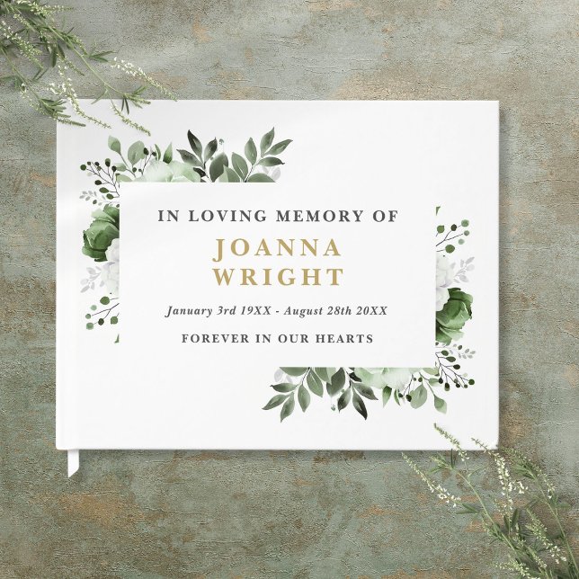 Livro De Visitas Olive Verde Floral Em Memória Afetuosa Funeral (Olive Green Floral In Loving Memory Funeral Guest Book)