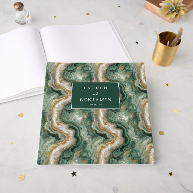 Livro De Visitas Ondas Mármore Verde Elegante (Frente aberta)