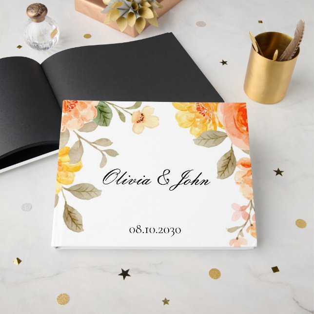 LIVRO DE VISITAS ORANGE FLORAL BOTANICAL BRIDAL SHOWER WEDDING (Frente aberta)