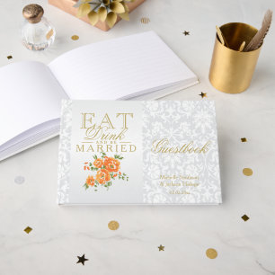 Livro De Visitas Orange Floral Coma, Beba e se case com Guestbook