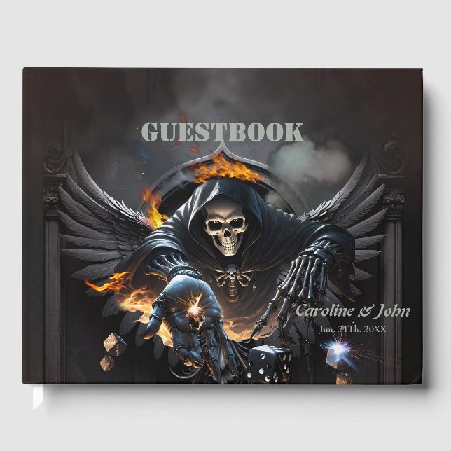 Livro De Visitas Ossos e magia, esqueleto com dados místicos. (Frente)