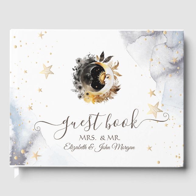 Livro De Visitas Ouro Celestial Sol, Lua, Flores de Estrelas (Frente)
