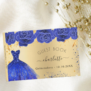 Livro De Visitas Ouro de Quinceanera, flores azuis reais brilhantes