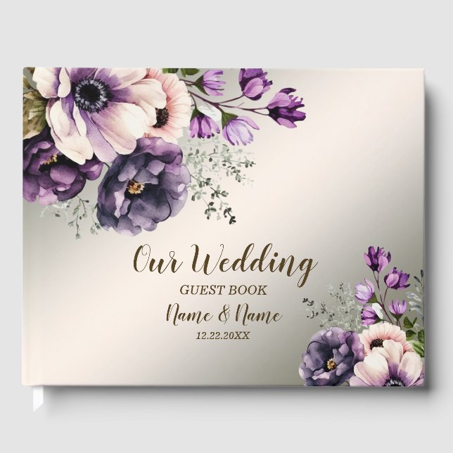 Livro De Visitas Ouro Elegante das Flores Rosa Púrpura do Partido (Frente)