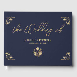Livro De Visitas Ouro elegante Deco e azul caligrafia, casamento