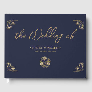 Livro De Visitas Ouro elegante Deco e azul caligrafia, casamento