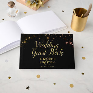 Livro De Visitas Ouro Sparkle Stars sobre Casamento Elegante Negro
