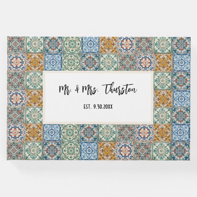 Livro De Visitas Padrão de Azulejos Italianos em Aquarela Romântica (Frente)