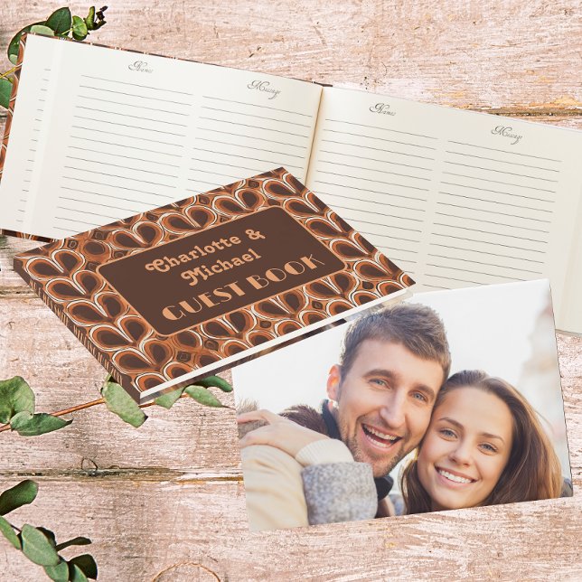 Livro De Visitas Padrão do Groovy Retro nos anos 70 | Casamento Fot (Front, Back & Inside)