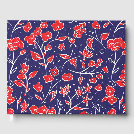 Livro De Visitas Padrão Floral Vermelho e Azul