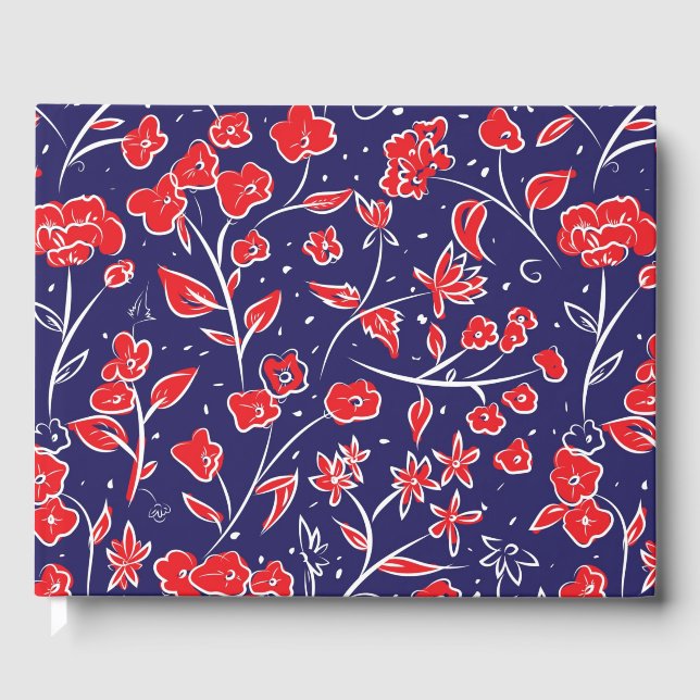 Livro De Visitas Padrão Floral Vermelho e Azul (Frente)
