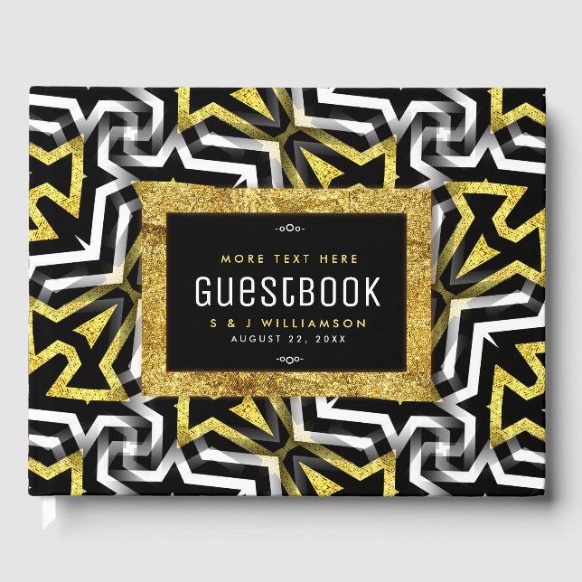 Livro De Visitas Padrão Geométrico V4 Preto Glam Dourado (Frente)