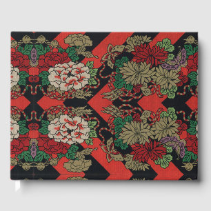 Livro De Visitas Padrão Vermelho Preto Floral Peônia Japonês Vintag