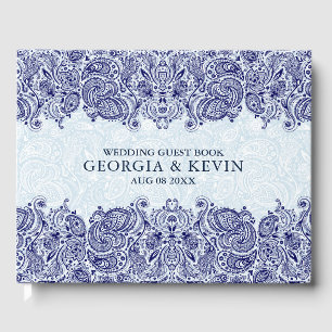Livro De Visitas Paisley Paisley Branco e Azul Escuro