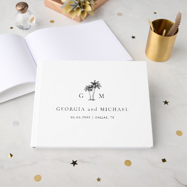 Livro De Visitas Palm Tree Monogram Elegant Beach Wedding (Frente aberta)